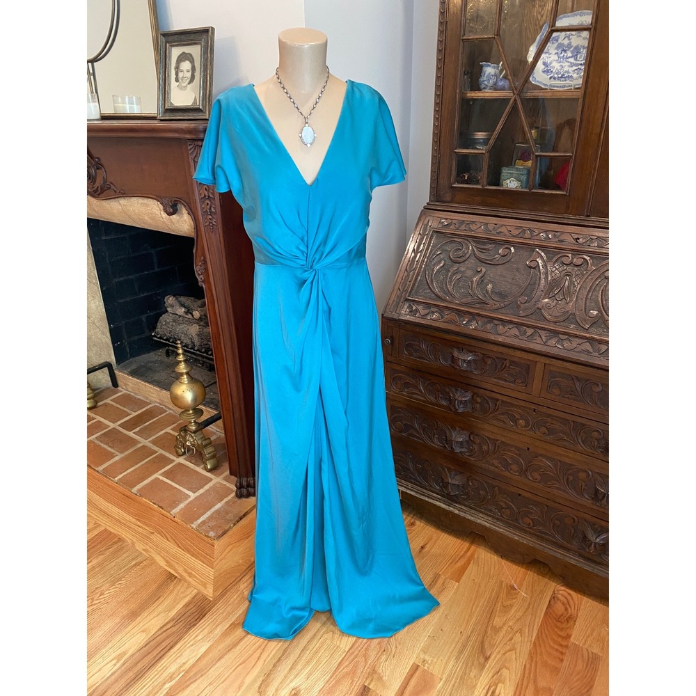 Stacees Turquoise Blue V-Neck Twist Front Short Sleeve Satin Maxi Gown Dress